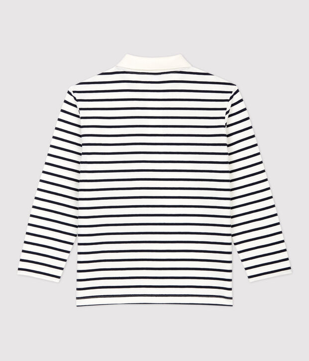 Polo manches longues ray&eacute;s en coton enfant gar&ccedil;on blanc/bleu